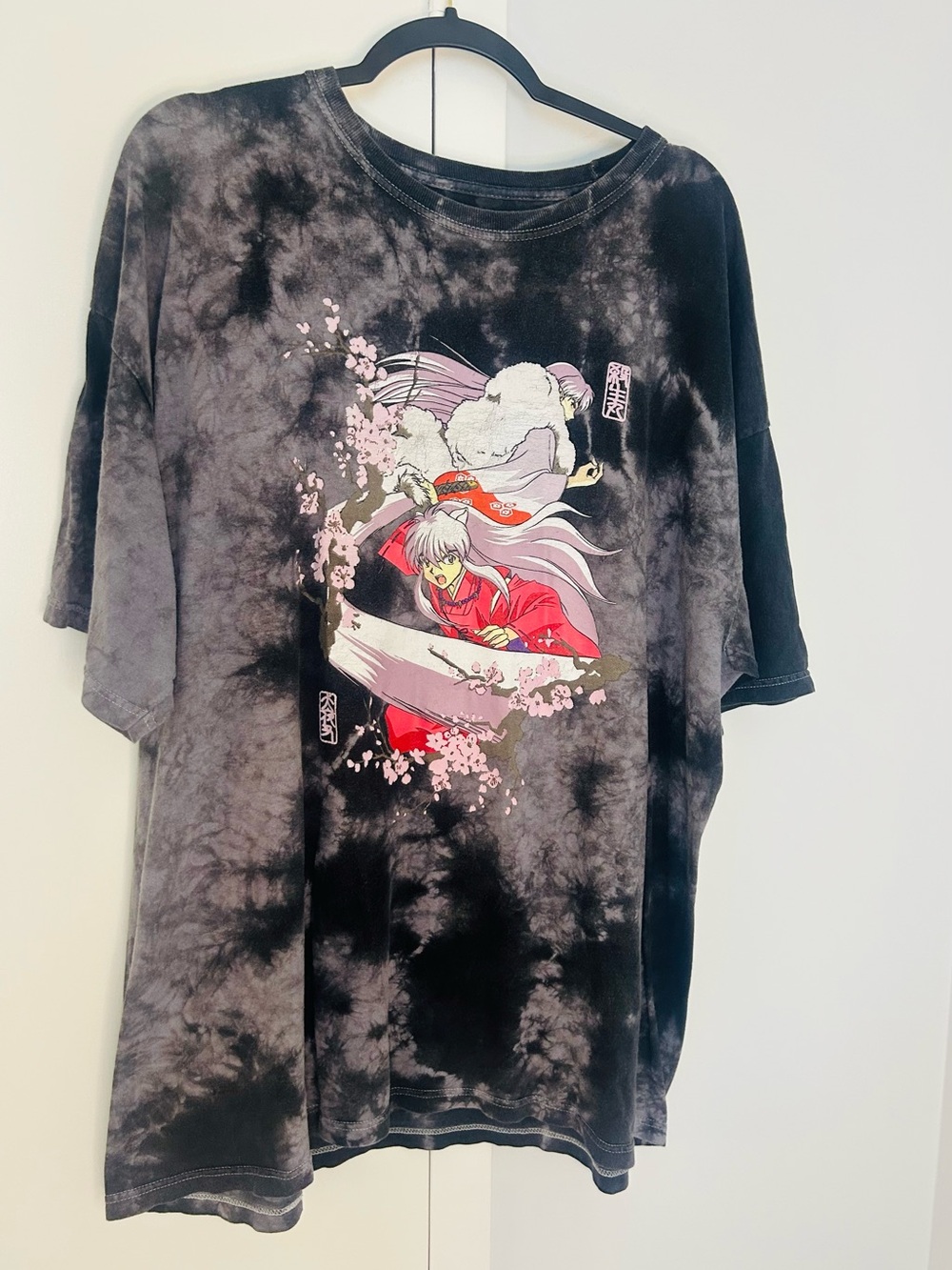 Graphic InuYasha  Tie-Dye Anime Tee - Black & Gray with Pink Accents Size XL